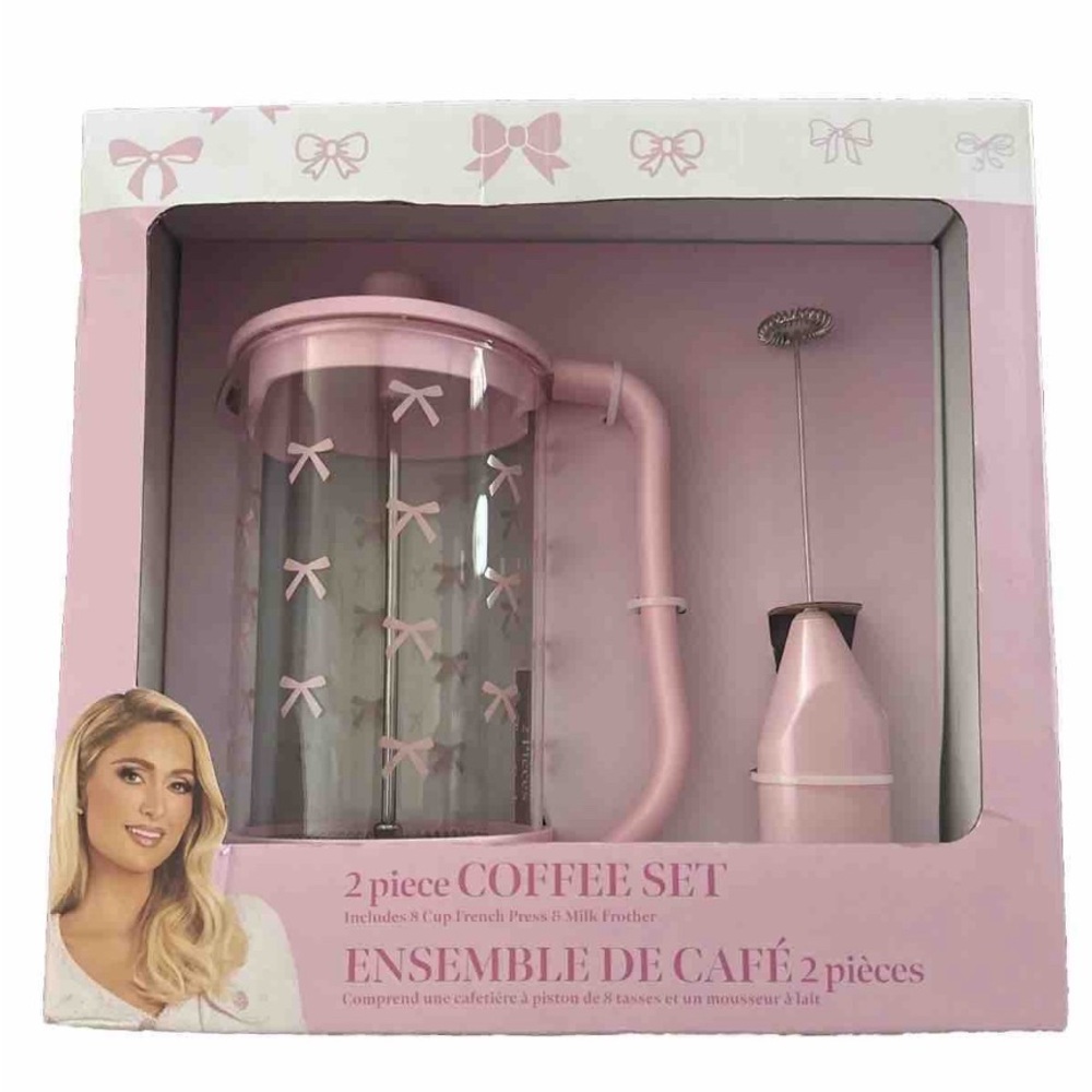 Pink French Press Coffee Maker with Milk Frother 2 piece set by Paris Hilton